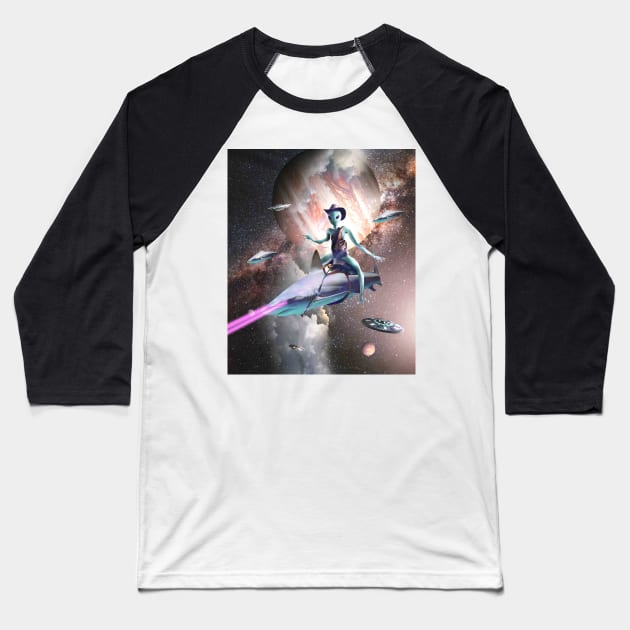 Cowboy Space Alien Riding Laser Shark Baseball T-Shirt by Random Galaxy